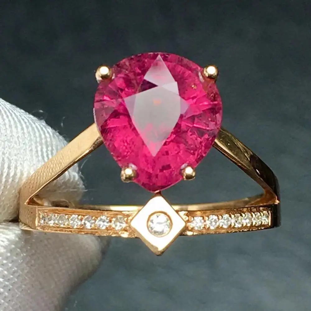 

Rubillite Ring Fine Jewelry Pure 18 K Gold Natural Rubi Tourmaline 2.9ct Gemstone Diamond Gift Female Rings for Women Fine Ring