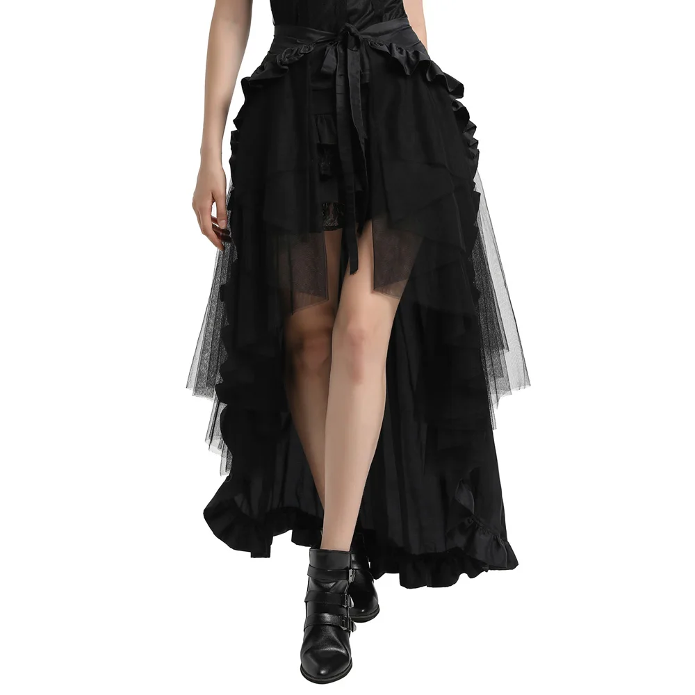 Готическая юбка в стиле стимпанк, ретро, викторианская Лолита, панк, плиссированные длинные юбки на шнуровке, вечерние, Клубные, сценические, элегантные, с рюшами, открытая юбка для женщин
