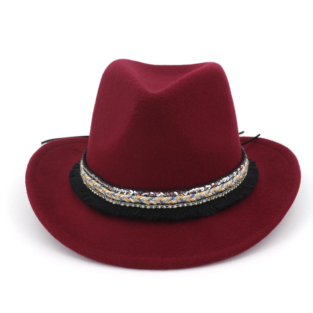Мужская Женская шерстяная ковбойская шляпа Weatern с бахрома на ленте Sombrero Hombre широкий джазования с полями шляпа размер 56-58 см - Цвет: Wine Red