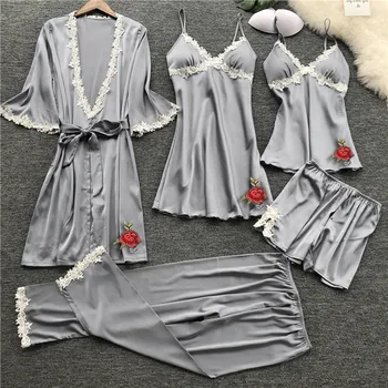 

5pcs Flower Printing Women Pajama Sets Pajamas Nightgown Silk Sleepwear Women'S Underwear Robes Babydolls Set Pajamas Lingerie