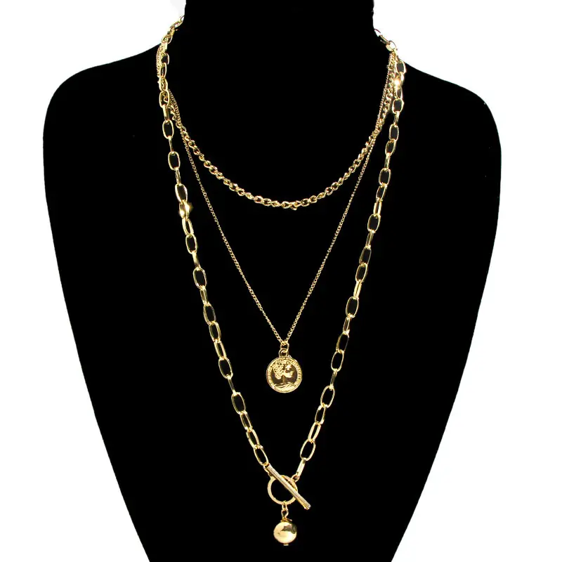 JUST FEEL Multi Layer Link Chain Choker Necklace Women Vintage Gold Color Round Coin Pendant Necklaces Statement Jewelry Gifts - Metal Color: GD