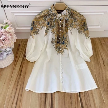 

SPENNEOOY Designer Custom Female Fashion Summer VIntage Set Lantern Sleeve Printed Coat And Sashes Bow Shorts Holiday Two Pieces