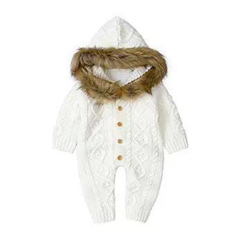 

Baby Fur Collar Knitted Hooded Romper Jumpsuit Outfit Infant Long Sleeve Sweater GXMB