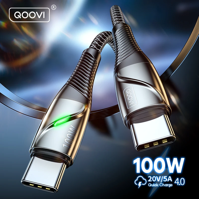 QOOVI 100W USB C to USB Type C Cable PD Quick Charge 4.0 Fast Charging For Xiaomi Mi11 Samsung Macbook iPad USB-C Charger Cord