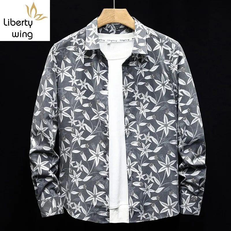

Harajuku Mens Floral Printed Casual Beach Shirt Long Sleeve Top Night Club Party Shirts Plus Size Spring Autumn Tops Clothing
