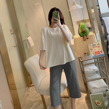 

Women T-shirt Sets 2 Piece Summer Short-Sleeved Cropped Cotton Solid Color Loose Women's Pajama Leisure Sleepwear Pijama Mujer