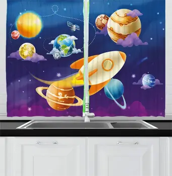 

Outer Space Kitchen Curtains Solar System of Planets with a Spaceship Milky Way Galaxy Earth Jupiter Window Curtain for Kitchen