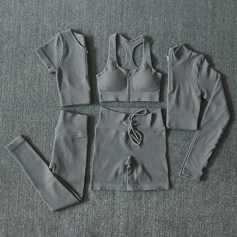 Seamless Women Yoga Set Workout Sportswear Gym Clothing Zipper Long Sleeve High Waist Leggings Fitness Bra Athletic Sports Suits