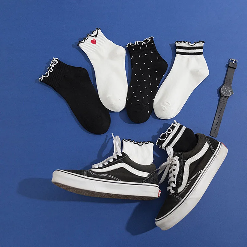 

Носки женские хлопковые носки в горошек с сердечками милые короткие носки с оборками в полоску белого и черного цвета подарок для девушек Calcetines