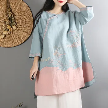 

2020 blend linen chinese traditional top qipao shirt for woman cheongsam style shirt chinese blouse for ladies