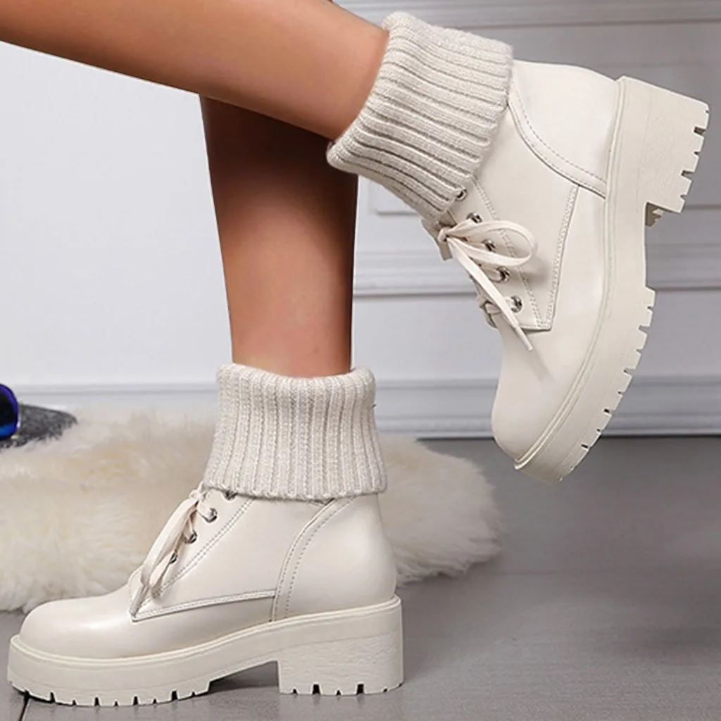 

Women Winter Platforms Ankle Boots Designer Winter Snow Boots White Turn Over Edge Lace Up Round Toe Knitted Sawtoon Boots #Y