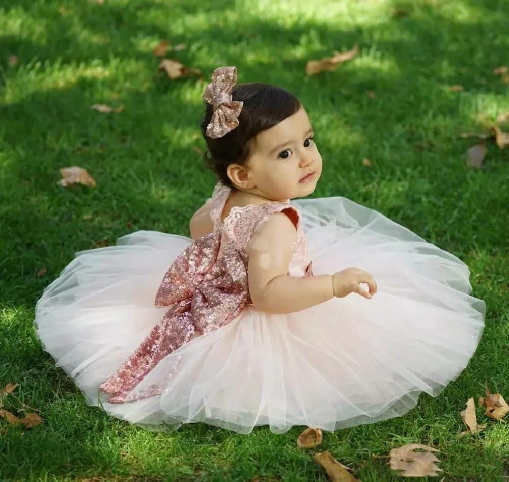 

Baby Infant Toddler Birthday Party gown Blush Pink Rose Gold Sequins Bow Lace Tea Length Tutu Wedding party Flower Girl Dresses