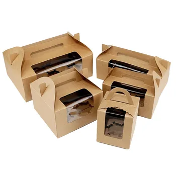 

10Pcs 4 Sizes Kraft Cake Box With Handle Clear Window Cupcake Boxes Baking Muffin Bread Packaging Box Birthday Party Present Box