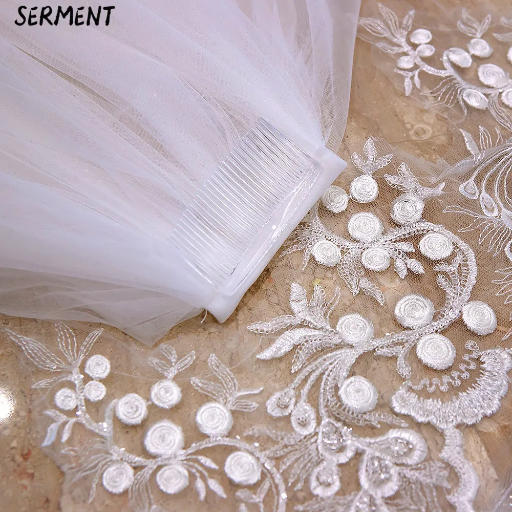 SERMEN Beaded New Veil 3 Meters Wide 4 Meters Long Two Layers Elastic Side Circle Lace Wedding Accessories