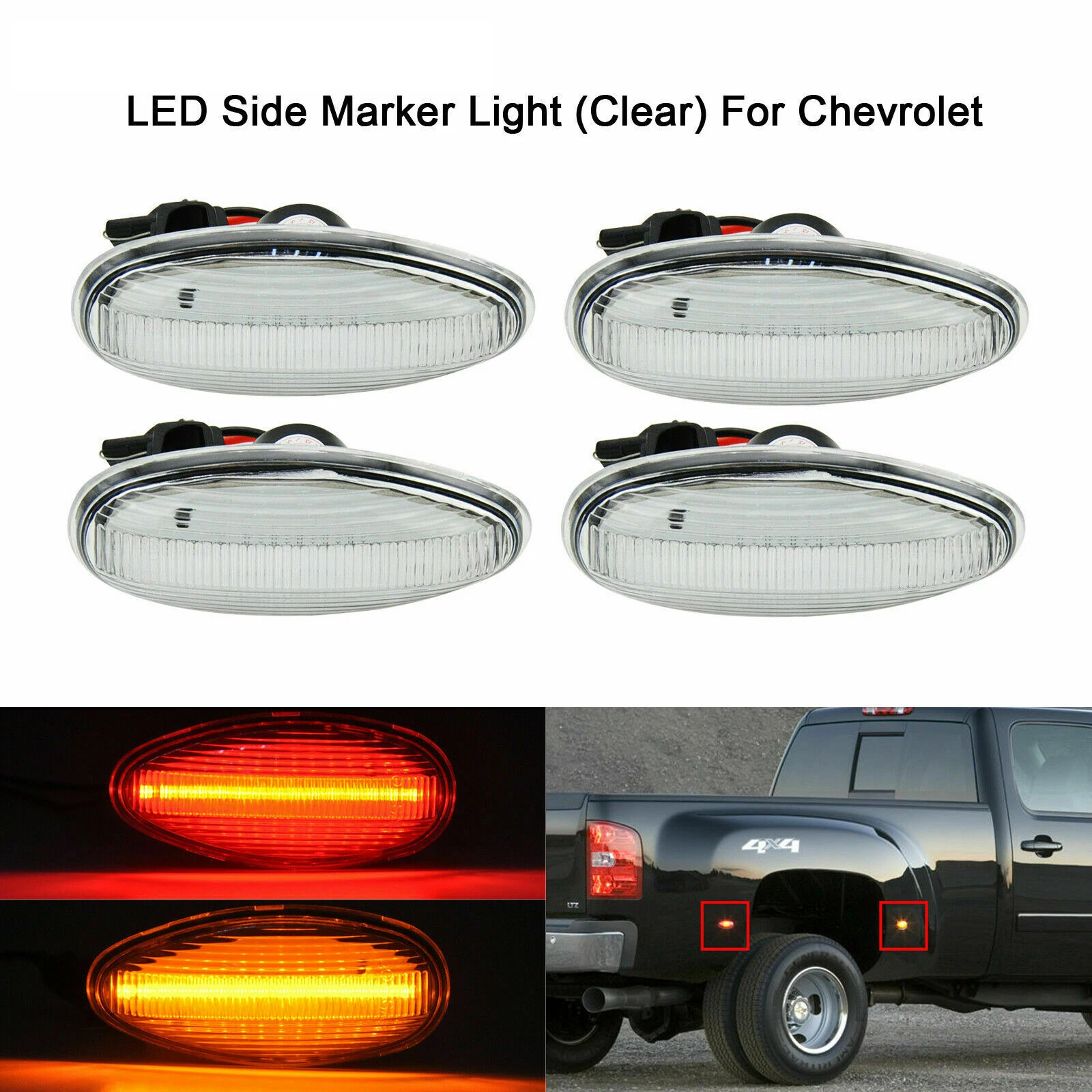 

4PCS Clear lens lights Amber and Red LED Side Fender Marker Lights Set for Chevy Silverado GMC Sierra 2001-2014