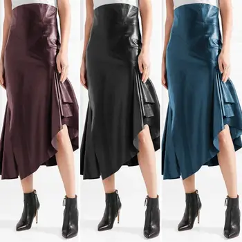 

Women's Faux Leather Midi Skirt 2020 ZANZEA Elegant Irregular Skirts Casual High Waist Vestidos Female Bodycon Robe Plus Size