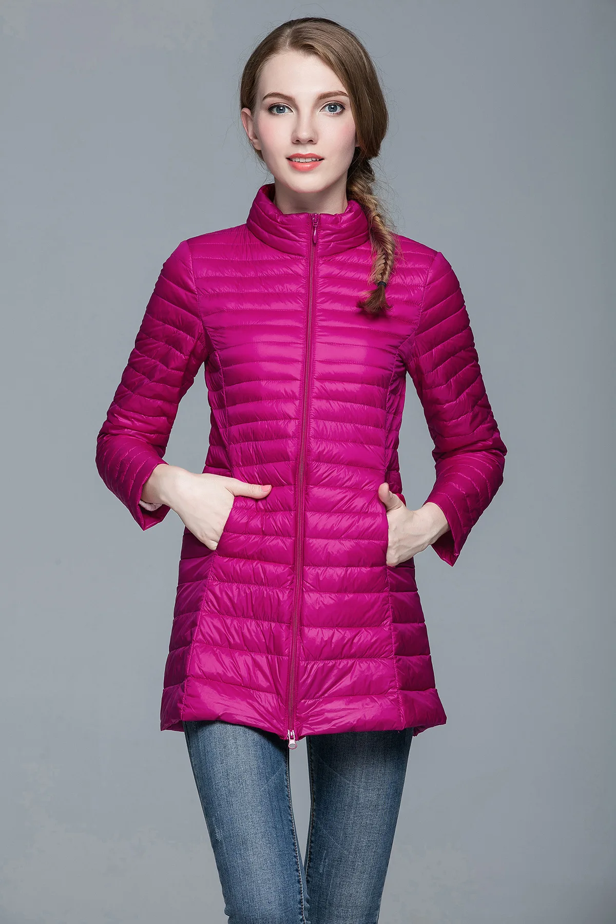 Стиль, тонкий пуховик, женская куртка средней длины со стоячим воротником, приталенная, плюс размер, ультра-тонкая зимняя модная куртка