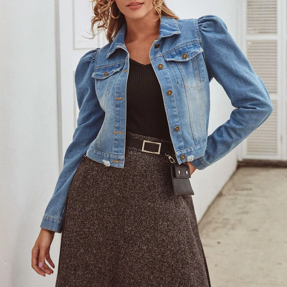 

Spring 2020 New Fashion Women Puff-sleeve Court Slim Denim Jackets High Street Female Plain Lapel Causal Punk Denim Jackets