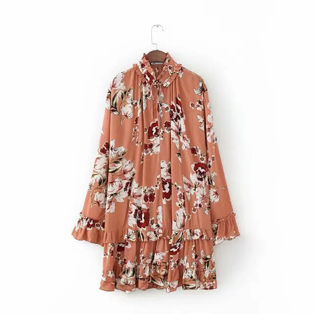 

Summer Loose-Fit Dress 2018 Europe And America Bandage Cloth Floral Flounced Medium Length Casual Dress Hot Selling