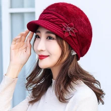 HT2907 Women Berets Thick Warm Winter Hat Women Fleece Lined Rabbit Fur Hat Ladies Flower Newsboy Cap Female Knitted Beret Hat