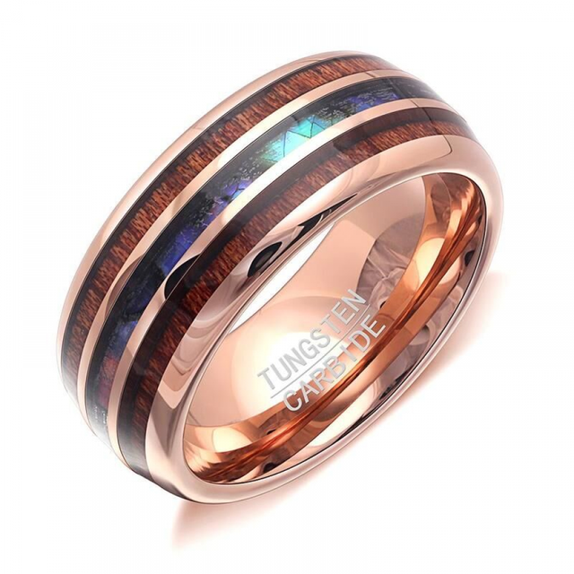 Personality Abalone Shell & Hawaiian Koa Wood Inlay Tungsten Carbide Ring For Men Anniversary Birthday Party Jewelry Gift