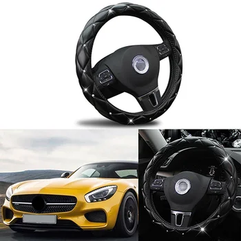 

Soft PU Leather Car Steering Wheel Cover For 38CM/15Inch Non-Slip Cystal Rhinestones Decor Decoration Car Accessories
