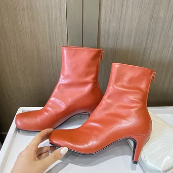 

Luxury Women 2020 Soft Leather Ankle Boots Square Toe Orange White 7cm High Heels Western Cowboy Boots Sock Boots Botas Mujer