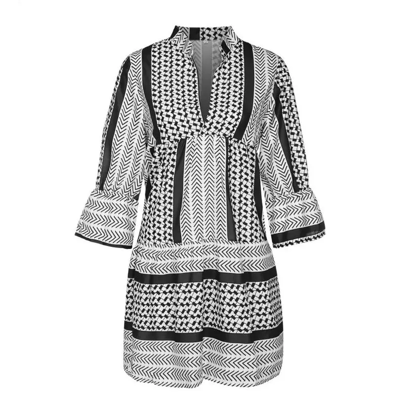 New Fashion Women Casual Autumn Dress 2019 Patchwork Three Quarter Sleeve Ruffles Party Mini Dress платье vestidos 3Y30 (5)