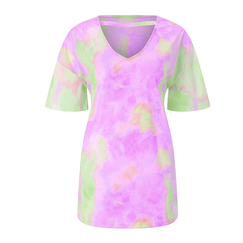 Women's Summer Printing Tie-dye V-neck Short-sleeved Plus Size T-shirt Casual Loose Top