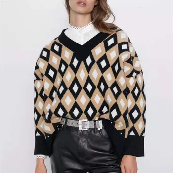 

Women Vintage Stylish Geometric Pattern Knitted Sweater Fashion V Neck Long Sleeve Female Pullovers Chic Tops