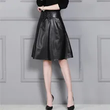 Высококачественная элегантная женская Юбка До Колена из натуральной овечьей кожи, женские юбки на шнуровке с высокой талией, большие размеры 4XL, офисная юбка