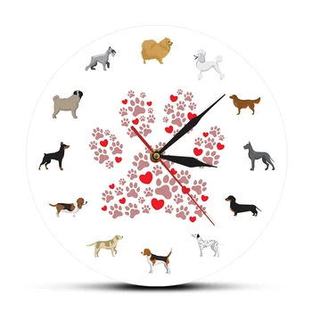 

Pet Dog Print Wall Clock Watch Dog Paw duvar saati Modern Design Silent 12'' Different Breeds Iconic Silhouette Pet Lover Gift
