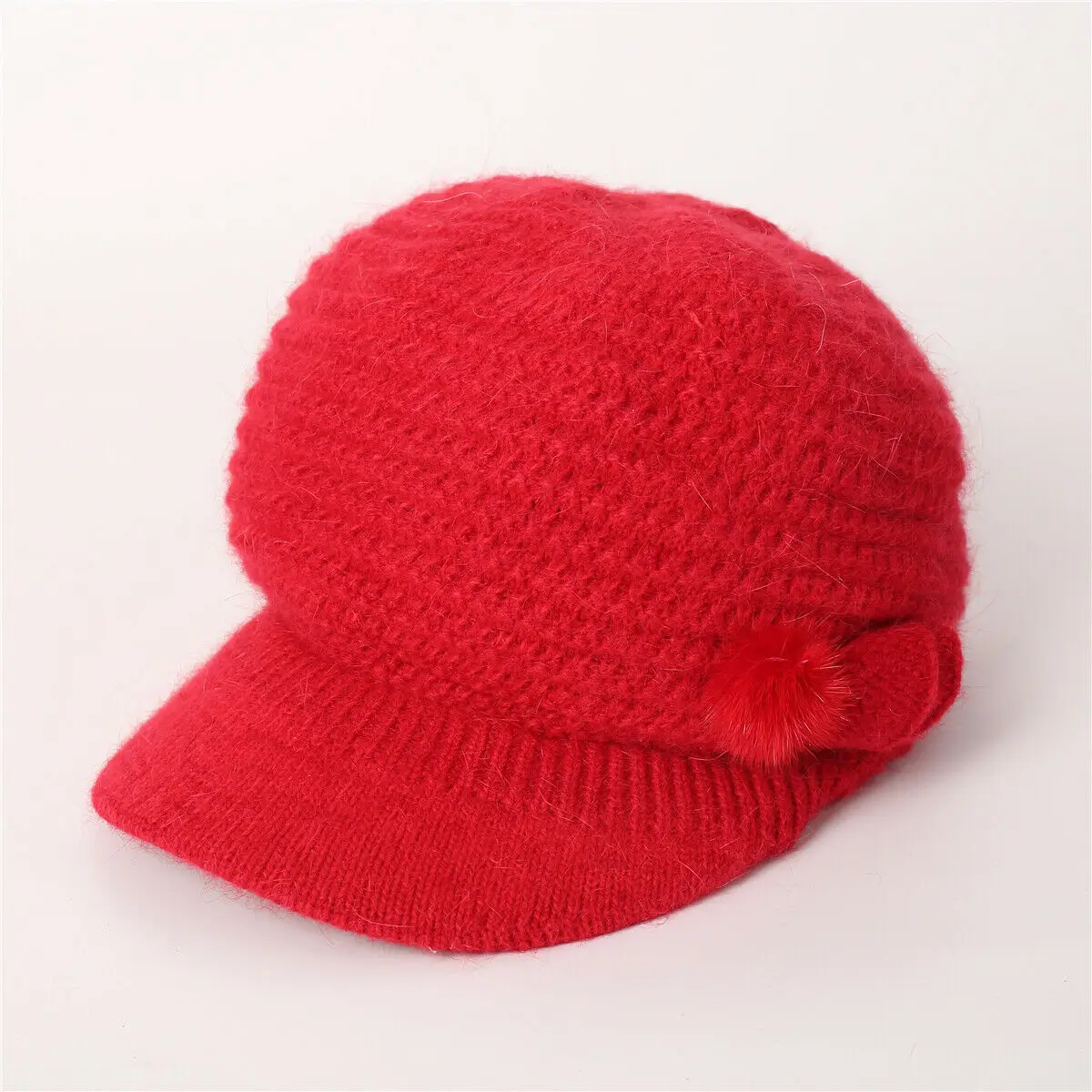 Вязаные Козырьки Шляпы с бантом и помпонами женские зимние шапки для женщин шапочки для девочек Skullies Bonnet Femme теплая шапка из кроличьей шерсти - Цвет: Красный