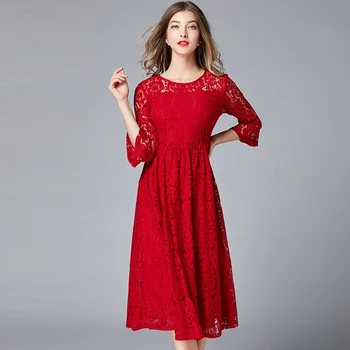 

Women Ladies Lace Long Dress Round Neck Solid Party Formal Wedding Prom Gown Maxi Dress flare sleeves pinched waist plus size5XL