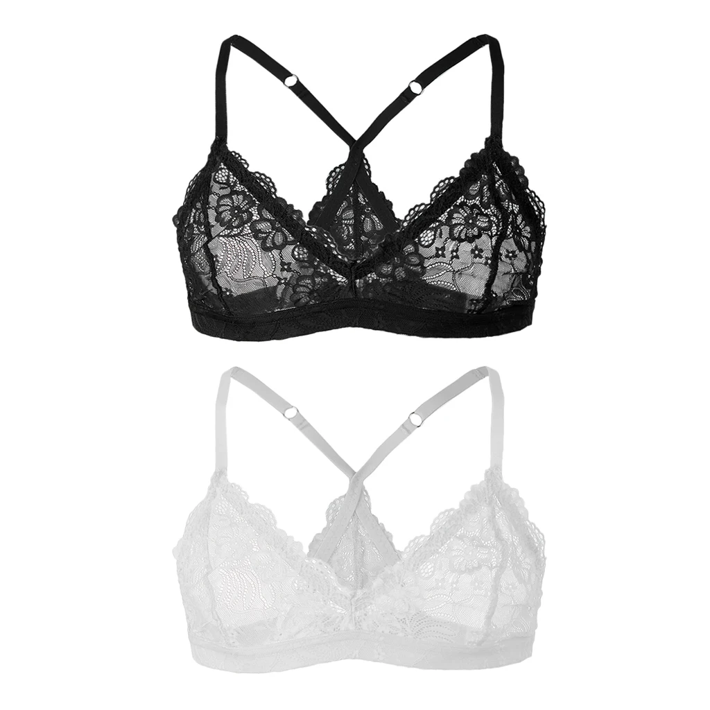 2Pcs Mens Sissy Lingerie Bralette Adjustable Shoulder Strap Lace Bra White+Black