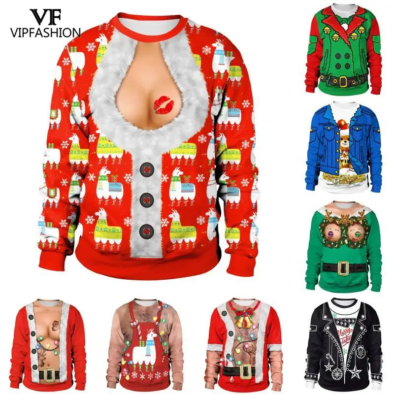 

VIP FASHION 2019 Unisex Ugly Christmas Sweatshirt Vacation Santa 3D Print Funny Christmas Decoration Chest Hair Sweatshirts