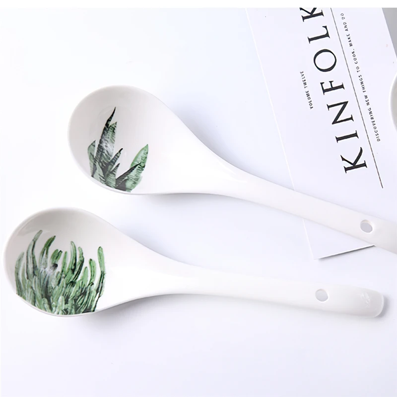 1 Pcs Ceramic Soup Spoon Nordic Green Plants 22.5cm White Ins Big Rice Scoop Tableware Household Kitchen Supplies Dinnerware