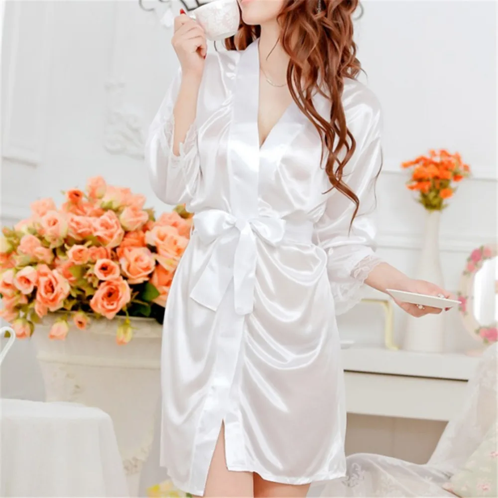 Hot Sexy Lingerie Satin Lace Kimono Intimate Sleepwear Robe Sexy Night Gown Women Sexy Underwear 5 Colors_voghion.com