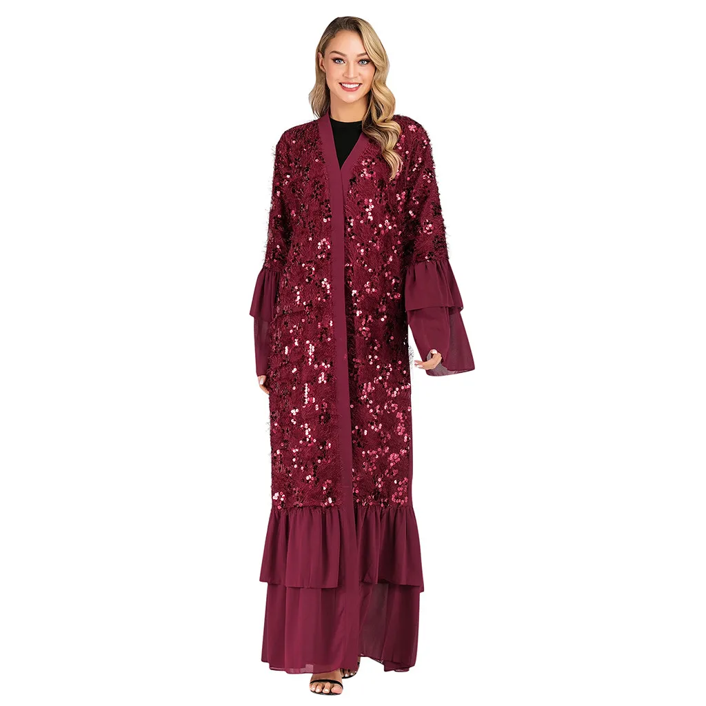 Wine Red Мусульманское абайя платье макси платье женское расшитое блестками халаты с расклешенными рукавами Открытый спереди кафтан кардиган джилбаб халат W1121 - Цвет: Wine Red