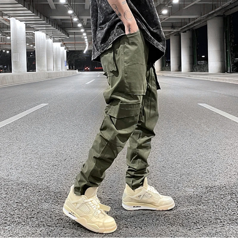 slim fit golf trousers High Street Drawstring Multi-pockets Cargo Pants Mens Straight Loose Casual Overalls Harajuku Oversize Baggy Trousers mens running pants