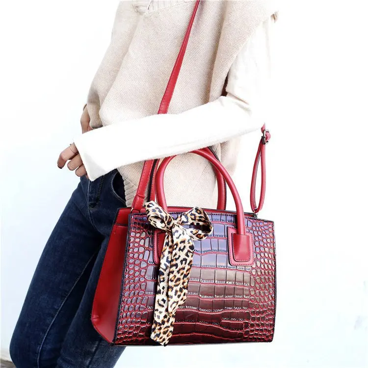 PU Leather Faux Crocodile Print Handbags Purse Fashion fashion crossbody bag for women 2019 Famous brand Brand Shoulder Bags Red (6)