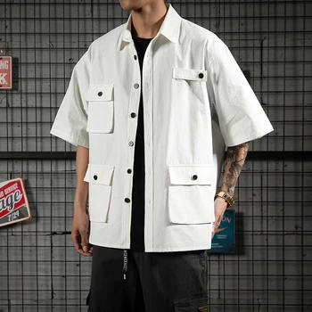 

2020 Summer New Youth Popular Multi-pocket Tooling Five-point Sleeve Shirt Fashion Casual Wild Large Size Shirt M-4XL