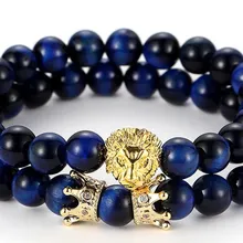 8 мм 2 шт./компл. cgr2 Эластичный регулируемый натуральный синий тигровый шарик микро проложить cz Циркон кубический цирконий голова льва браслет с короной