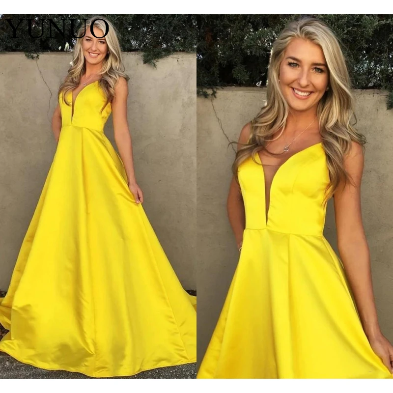 Modest Yellow Evening Dresses 2019 V-Neck Sleeveless Zipper Back A-Line Prom Gowns Sweep Train Graduation Dresses robes de soirée (4)_副本