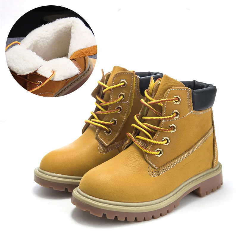 Bovine yellow winter Детские ботинки из натуральной кожи; Брендовая детская обувь; сезон осень-зима; Ботинки martin для мальчиков; плюшевые теплые зимние ботинки для девочек; кроссовки; CSH924 - Цвет: Bovine yellow winter
