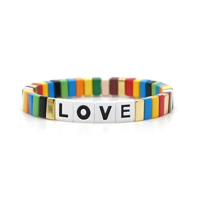 Letter LOVE Bohemia Ins Handmade Charm Enamel Rainbow Tile Bracelet Women Colorful Painted Metal Bracelets Wholesale Jewelry