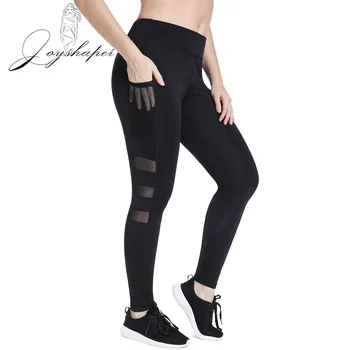 

Joyshaper Sexy Patchwork Mesh Black Capri Leggings with Pocket Women Slim Fitness Legging Elastic Push Up Leggings Sport Casual
