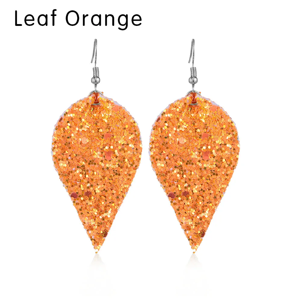 1 пара многоцветный женский винтажный богемский стиль резные серьги с листьями и перьями из искусственной кожи с блестками висячие серьги - Окраска металла: Leaf Orange