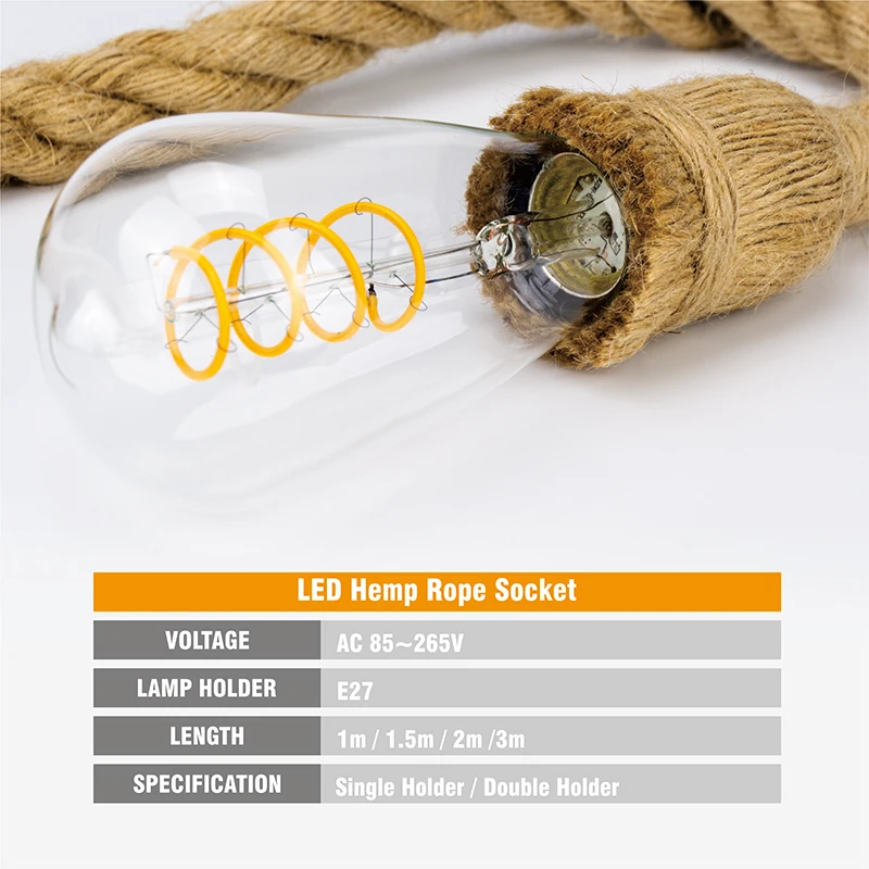  LED Vintage Hemp Rope Pendant Lamp Base AC85-265V E27 Socket Creative Country Style Loft Industrial - 32899224214