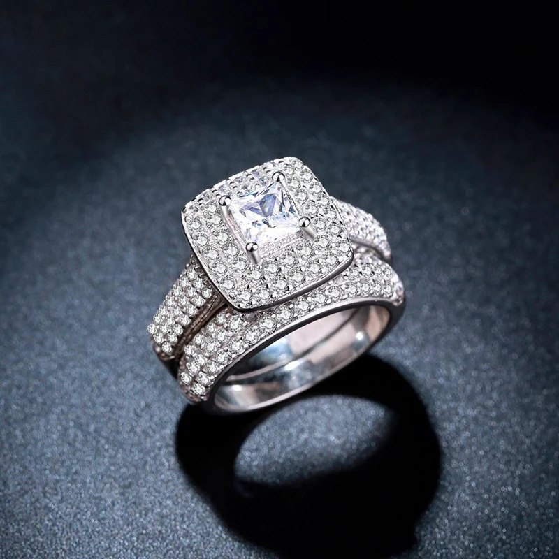 Yanleyu Luxury Big Ring Jewelry 2pcs Solid Silver Color Wedding Rings Sets Engagement Jewelry with AAA+ Cubic Zircon Stone PR385